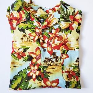 George Mens Hawaiian Blue Green Yellow Floral Palm Short Sleeve Shirt 3XL